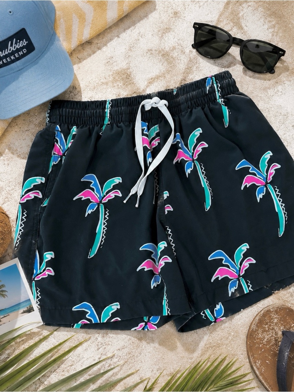 chubbies Black Classic Swim Trunks with Teal Pink and Blue Palm Print YM (10/12)